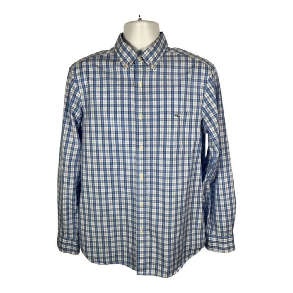 Vineyard Vines Men's Sz M Plaid Button Down Long Sleeve Shirt Blue Logo-2223